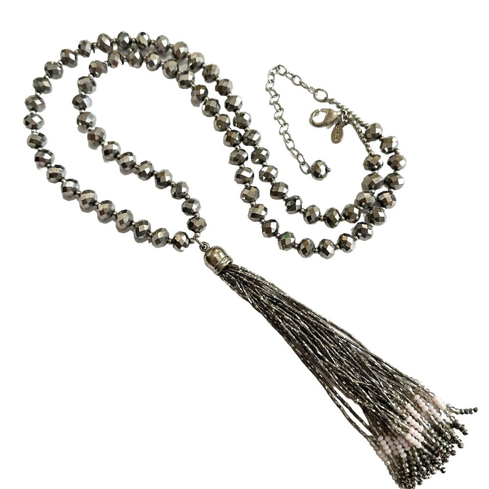 Chico's Long 32" Pewter Beaded Tassel Necklace